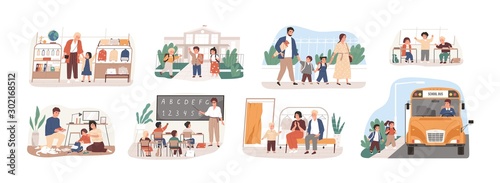 Back to school vector illustrations set. Preparation to Day of knowledge, sch...