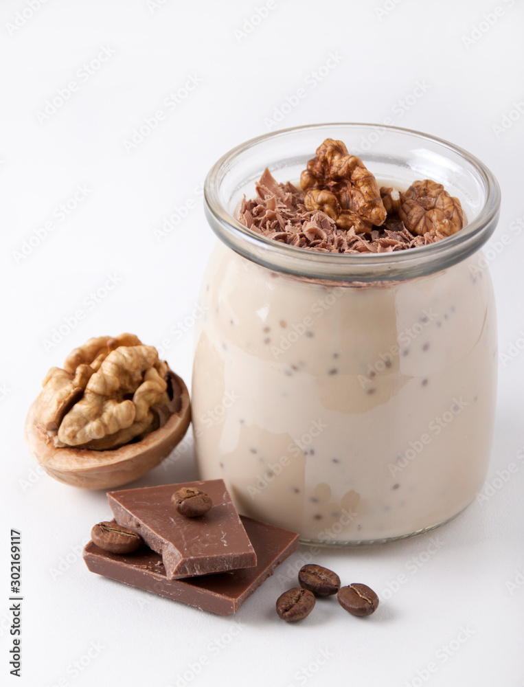 Coffee smoothie with chia seeds, chocolate and walnuts Coffee smoothie with chia seeds, chocolate and walnuts