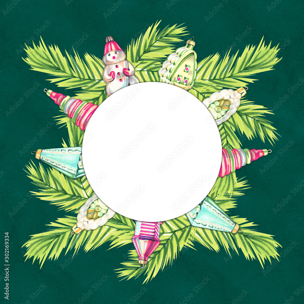 Naklejka premium New Year's drawing illustration, tree. Marker sketch illustration on green background. New Year's Vintage toys.