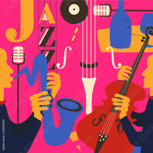 Canvas Print Jazz music festival poster with violoncello, saxophone and microphone flat vector illustration design
