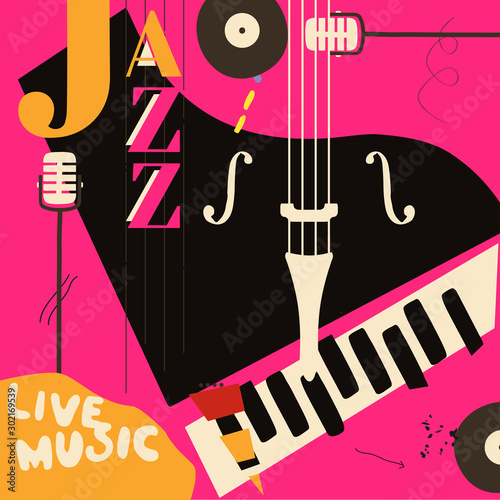 Jazz music festival poster with piano and microphone flat vector illustration design. Colorful music background, music show, live concert events, party flyer, jazz music poster