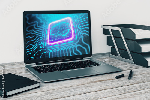 Laptop closeup with brain drawing on computer screen. Big data concept. 3d rendering.