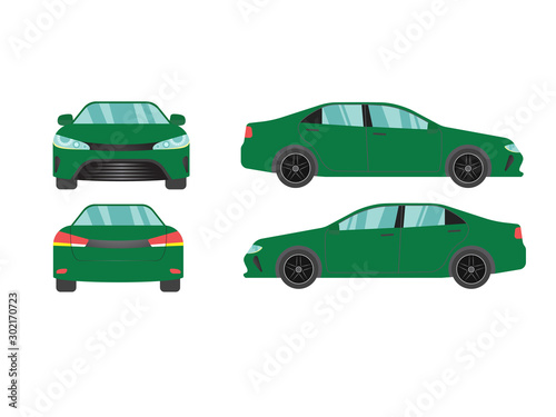 Set of green sedan car view on white background,illustration vector,Side, front, back