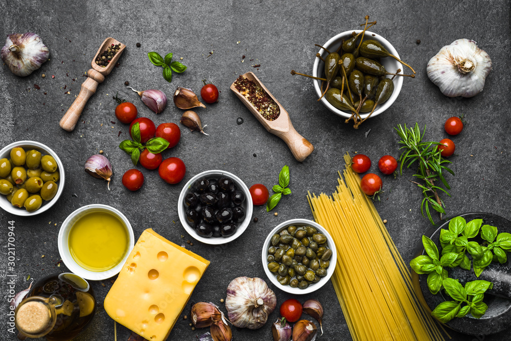 Mediterranean diet background. Ingredients for italian food, flat lay, top view Mediterranean diet background. Ingredients for italian food, flat lay, top view