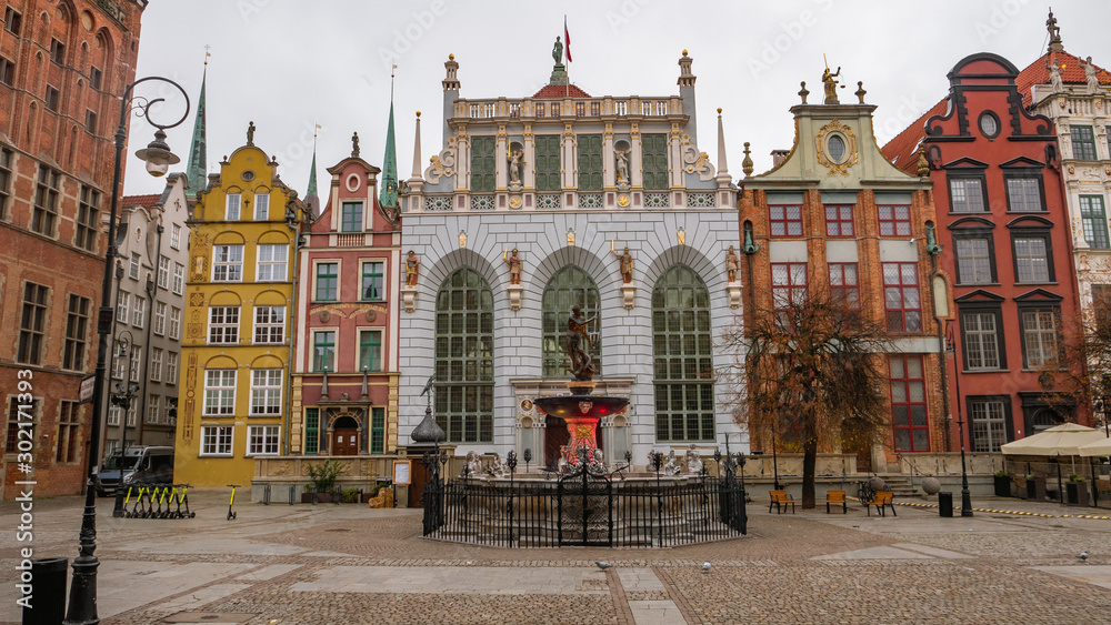 Artus Court with Neptune fountain at the Long Market of Gdansk in Poland. 