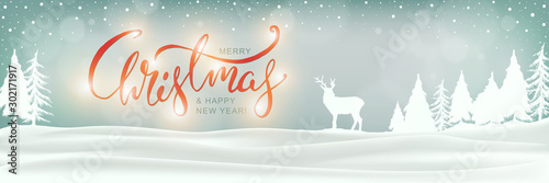 Christmas Blue Background with Winter Forest, Reindeer and  Holidays Congratulation
