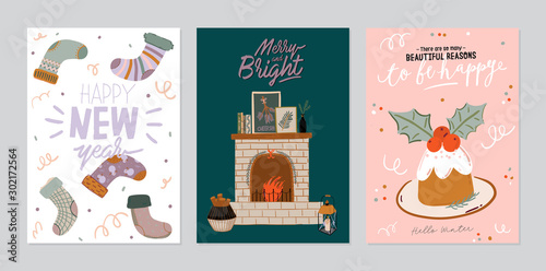 Set of invitation card - scandinavian interior with home decorations. Cozy Winter holiday season. Cute illustration and Christmas typography in Hygge style. Vector. Isolated.