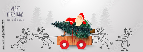 Cute santa claus carrying Xmas tree on wooden pickup truck pushing by cartoon reindeer on the occasion of Merry Christmas & Happy New Year celebration.