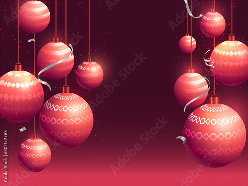 Realstic baubles hang on burgundy background can be used as greeting card design.
