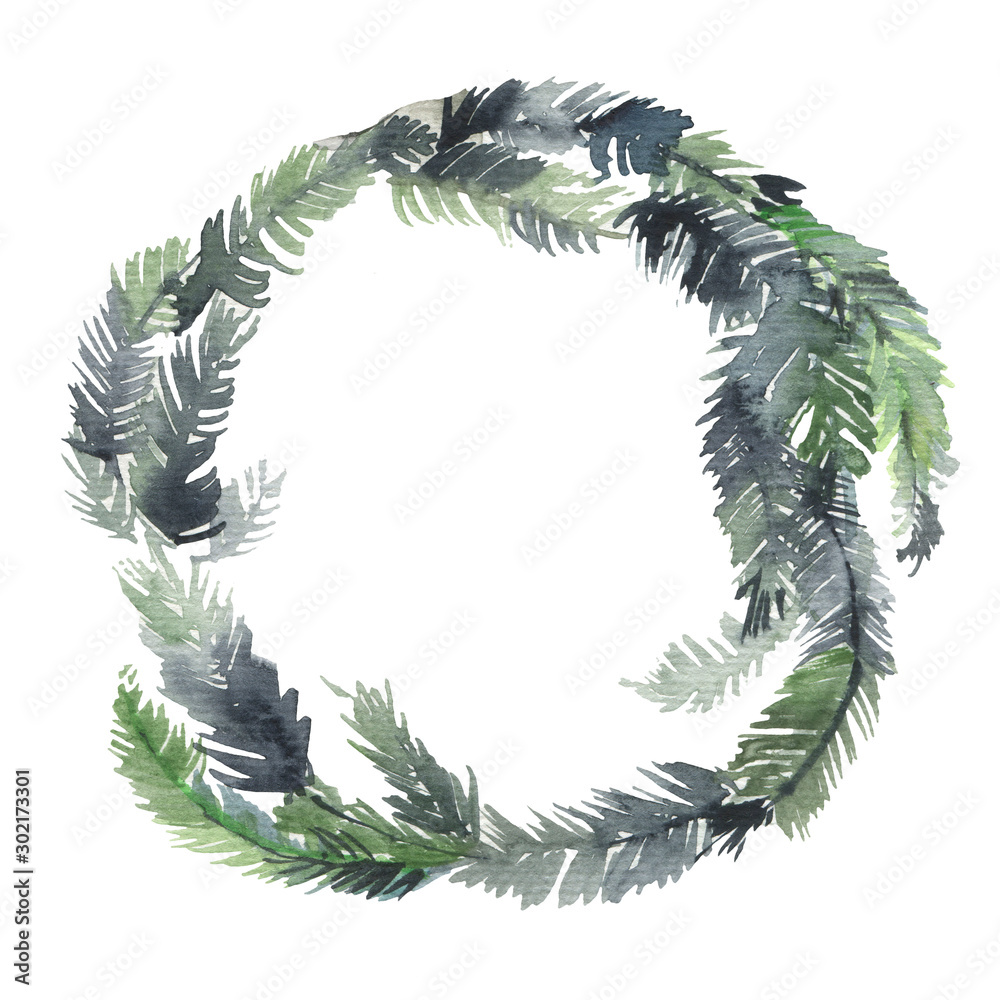 Green christmas wreath with decorations isolated on white background. Watercolor