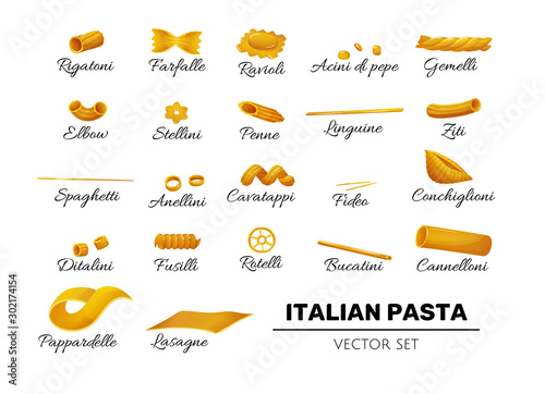 Type of pasta icons, italian set in cartoon style
