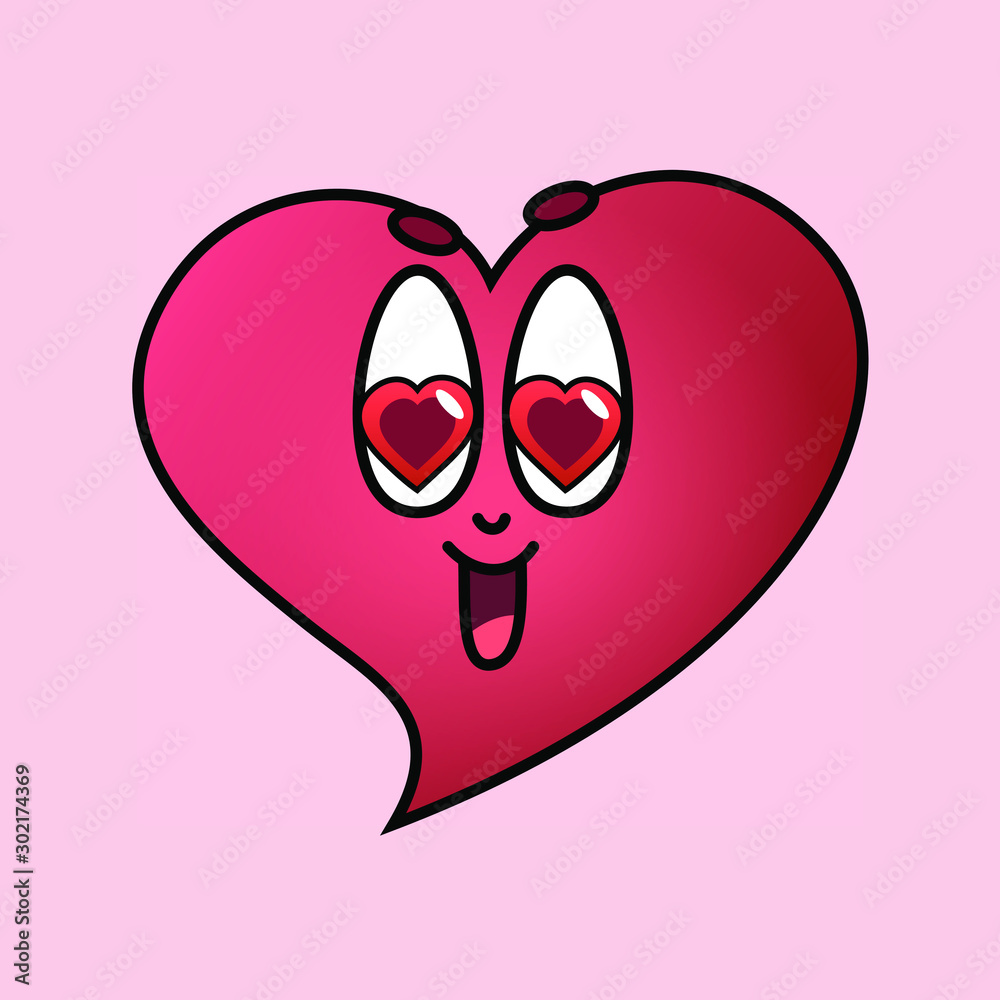 Red heart with face and big eyes with hearts instead of pupils and smile  with open