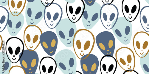 Childish seamless pattern with aliens faces ufo