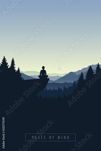 peace of mind mediating person in a forest on a cliff vector illustration EPS10