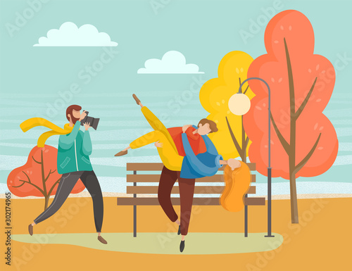 People walking in autumn park together, good weather. Photographer taking photographies of young couple on date. Man holding woman on hands for photo shoot on lawn, vector illustration in flat style