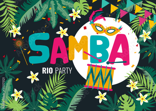 Carnival card or banner with typography design, confetti and hanging flag garlands.