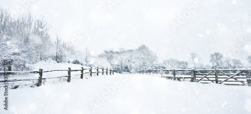 Path through English rurual countryside in Winter with snow in heavy snow storm photo