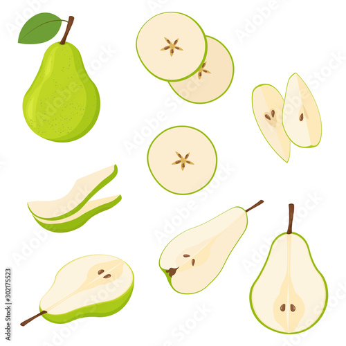 Set of fresh whole and cut pear and slices isolated on white background.