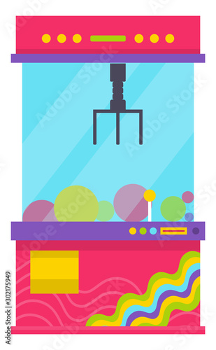 Glass box with claw to get toys from inside vector, isolated game machine flat style. Robotic hand tool, controller for grasping objects in container