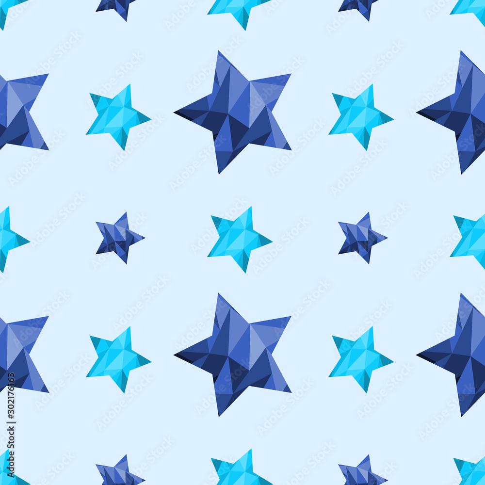 Cute seamless pattern with baby blue polygonal stars. Childish ornament for cards, invitations, scrapbook, wrapping paper, packets, fabric, diapers, pajamas