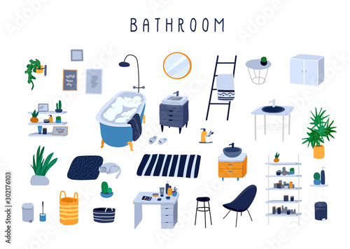 Set for bathroom with stylish comfy furniture and modern home decorations in trendy Scandinavian or hygge style. Cozy Interior furnished home plants