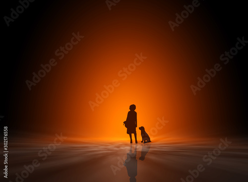 Frau mit sitzendem Hund quer