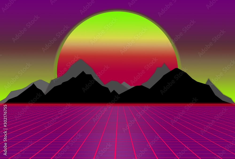 80s style sci-fi, purple and pink background with sunset behind black and gray mountains. futuristic illustration, poster template. Synthwave.