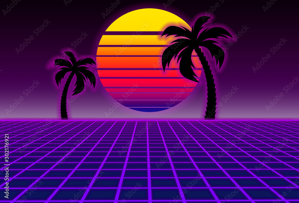 80s style sci-fi, purple background with sunset and palms. futuristic illustration or poster template. Synthwave banner.