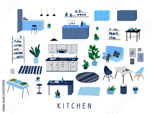 Set for kitchen or dining room with stylish comfy furniture and modern home decorations in trendy Scandinavian or hygge style. Cozy Interior furnished home plants. Flat cartoon vector