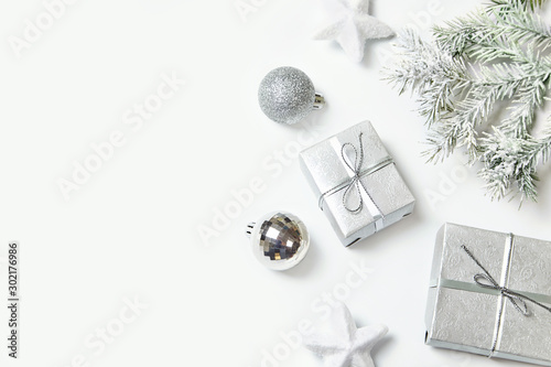 christmas balls and decorations on white background