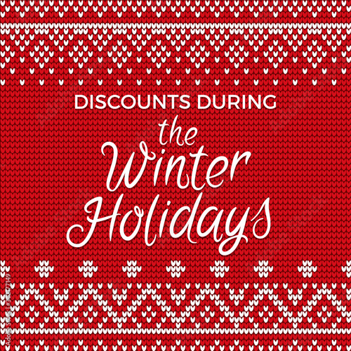 Discounts during winter holidays vector, embroidered pattern with floral and geometric elements. Red and white embroidery with stitches. Banner for text, decoration for festival flat illustration