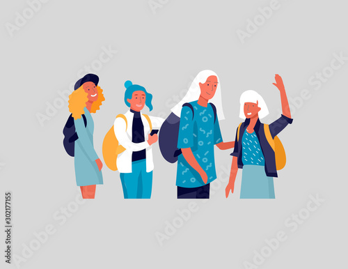 Happy teenagers and students. Group of friends character are laughing and talking. Stylish smiling teenage boys and girls. Young generation pupils