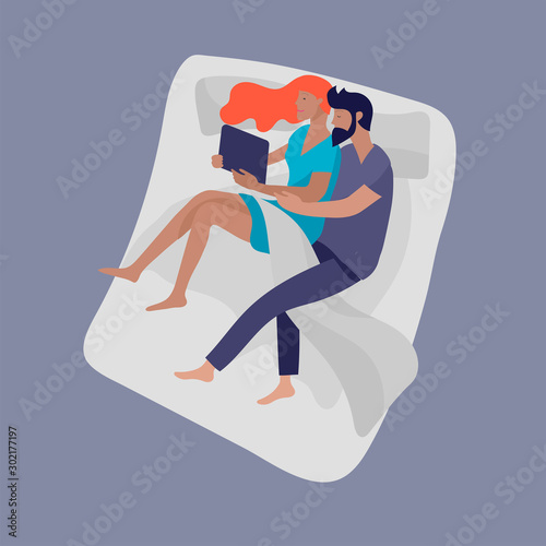 Collection of sleeping people character. Family with child are sleep in bed together and alone in various poses, different postures during