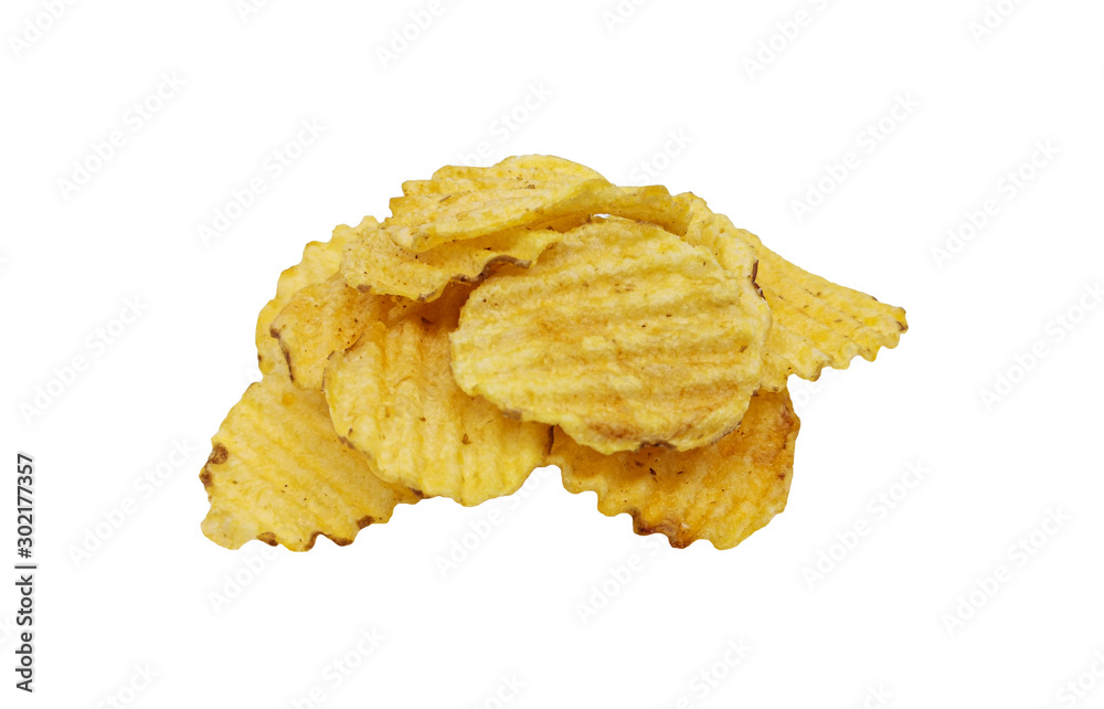 Crispy potato chips isolated on white background. Tasty fried potato slices in closeup Crispy potato chips isolated on white background. Tasty fried potato slices in closeup