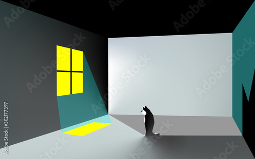 Window, cat sits abstract minimal contrast dark background. Vector flat illustration concept semitone. Delicate nuance of muted shade, geometric art gradient piece. Cute kitty style for design