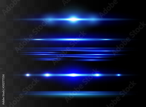 Blue horizontal lens flares pack. Laser beams, horizontal light rays.Beautiful light flares. Glowing streaks on dark background.