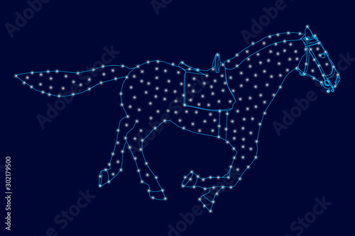 Contour of a running horse from blue lines on a dark background with luminous lights. Vector illustration