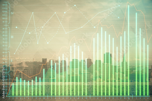 Forex graph on city view with skyscrapers background multi exposure. Financial analysis concept. © peshkova