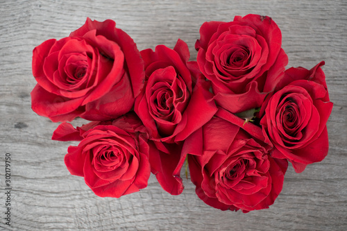 Red roses in a rustic background. Roses on a gray wooden background