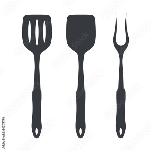 Spatula and fork icon. BBQ and grill tools. Barbecue utensil. Vector illustration.