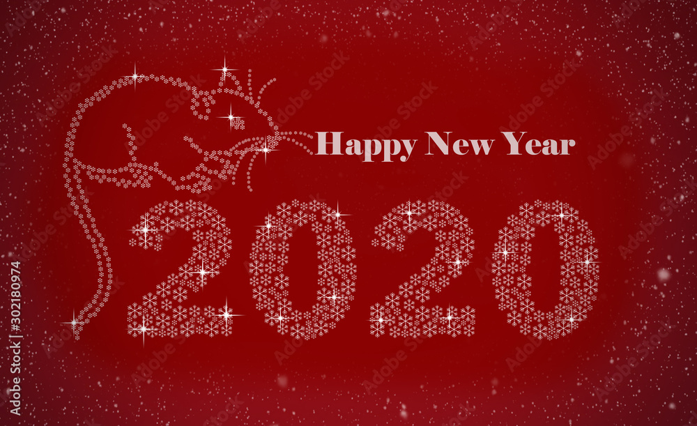 Happy new year to 2020. White rat on red background. Figures of white snowflakes. Holiday card. New year's eve. The year of the rat, mouse. Happy new year to 2020. White rat on red background. Figures of white snowflakes. Holiday card. New year's eve. The year of the rat, mouse.