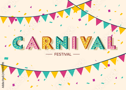 Carnival card or banner with typography design, confetti and hanging flag garlands.