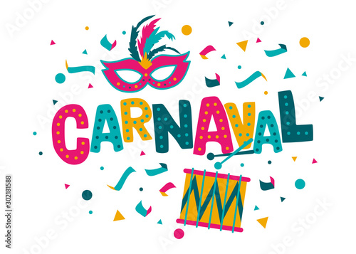 Carnival card or banner with typography design  confetti and hanging flag garlands.