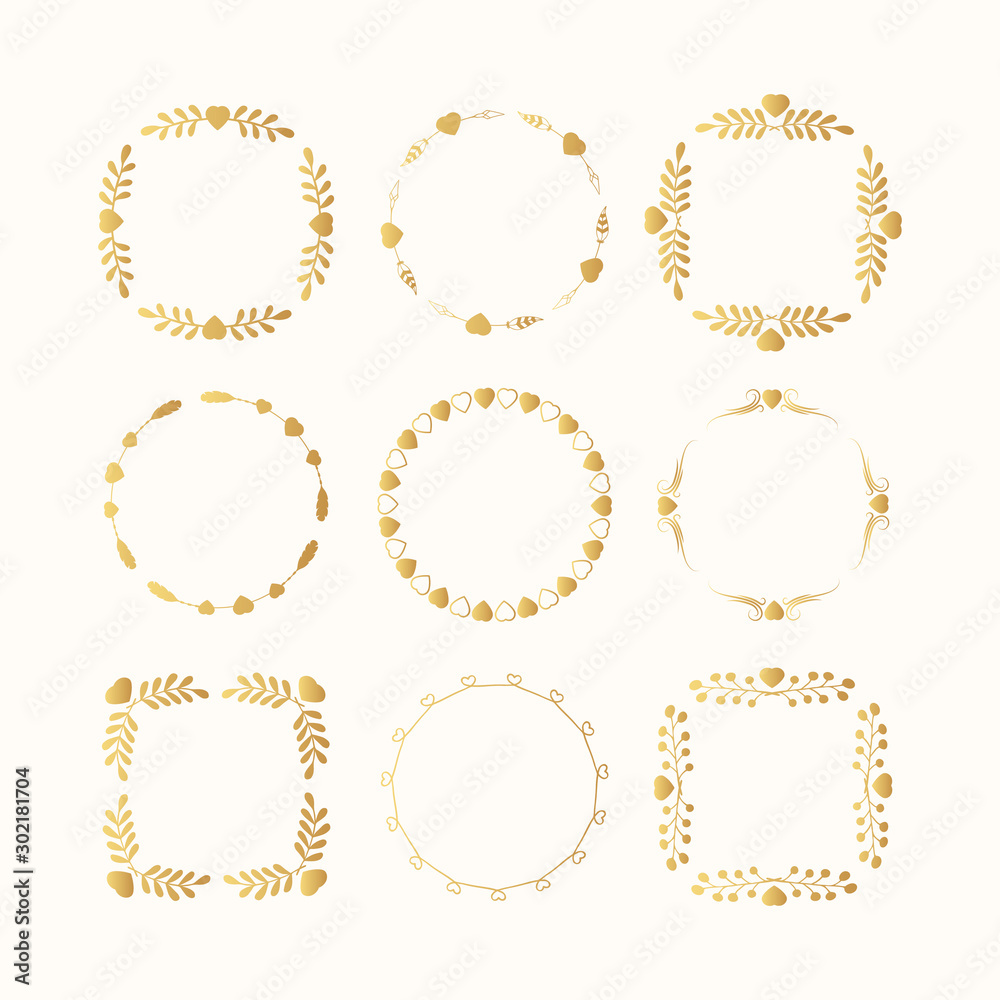 Set of hand drawn golden heart floral frames for valentines day cards. Vector isolated gold romantic borders for wedding background. Set of hand drawn golden heart floral frames for valentines day cards. Vector isolated gold romantic borders for wedding background.