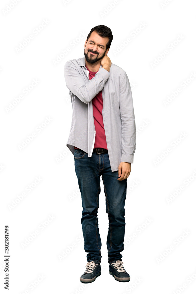 Full-length shot of Handsome man with beard with neckache over isolated white background Full-length shot of Handsome man with beard with neckache over isolated white background