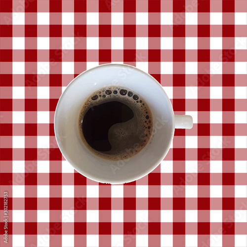 Vector seamless pattern with top veiw cup of coffee on a vichy table cloth