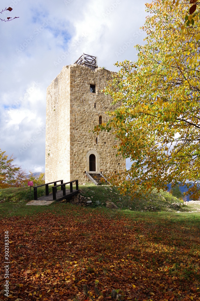 Tour de cabrens château donjon de pierre du moyen âge dans la forêt et pont de bois