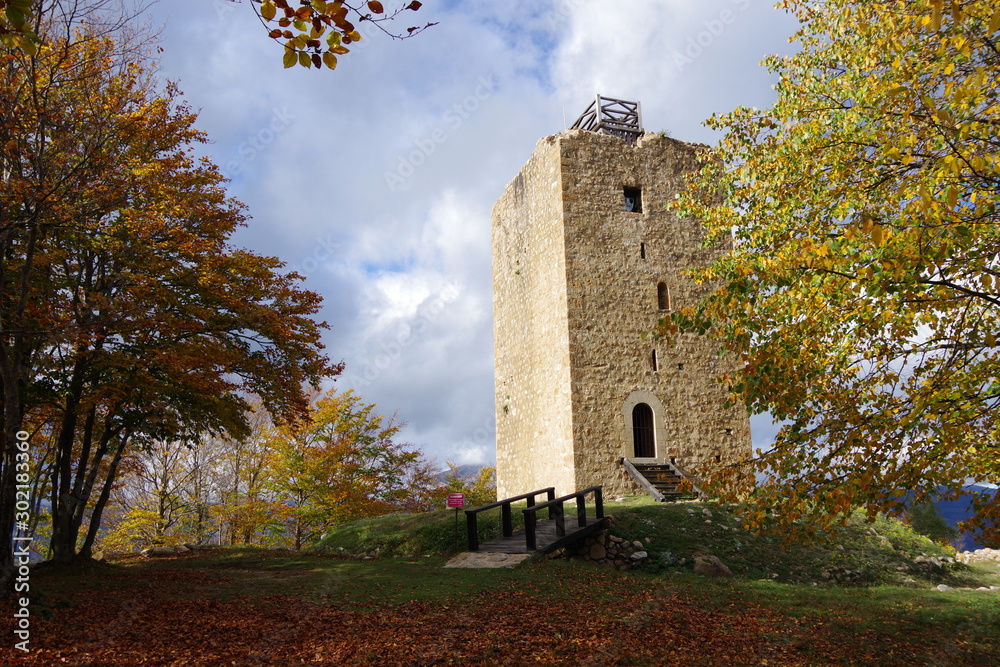 Tour de cabrens château donjon de pierre du moyen âge dans la forêt et pont de bois