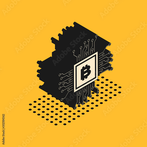 Isometric CPU mining farm icon isolated on yellow background. Bitcoin sign inside processor. Cryptocurrency mining community. Digital money. Vector Illustration