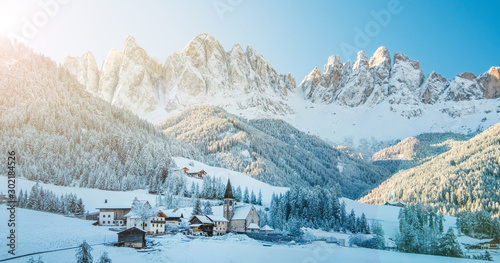 Winter panorama of Funes village in Dolomites.